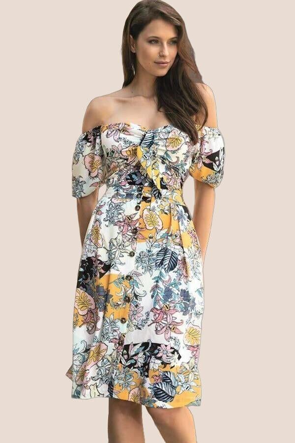 Dokuma Önden Bağlamalı Çiçek Baskılı Omuzu Düşük Büstiyer ve Önden Düğmeli Etek Takım