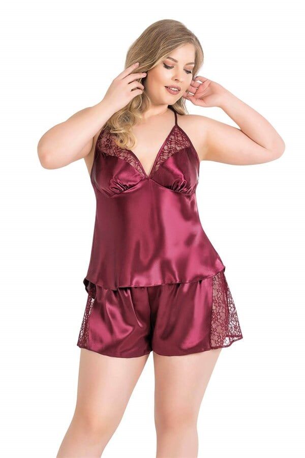 Arias Closet Büyük Beden Bordo Saten Babydoll Şort TakımI