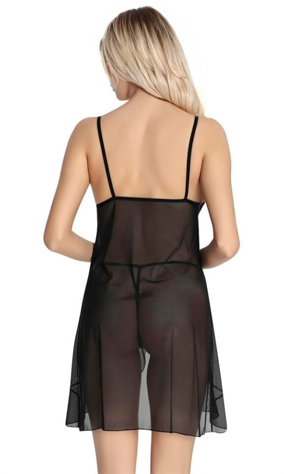 Arias Closet Siyah Dantel İşlemeli Göğüs İp Detaylı Fantezi Tül Gecelik