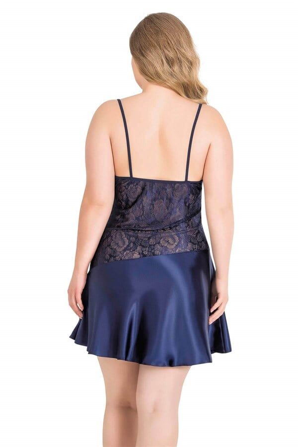 Arias Closet Büyük Beden Lacivert Kısa Saten Gecelik