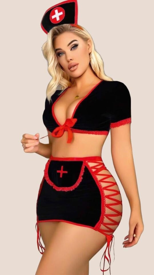 Arias Closet Siyah Kenarları İp Detaylı Fantezi Hemşire Kostüm