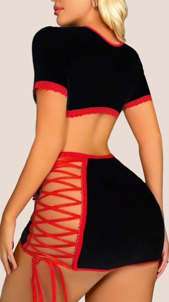 Arias Closet Siyah Kenarları İp Detaylı Fantezi Hemşire Kostüm