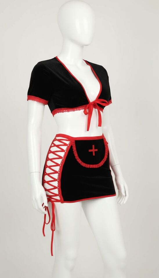 Arias Closet Siyah Kenarları İp Detaylı Fantezi Hemşire Kostüm
