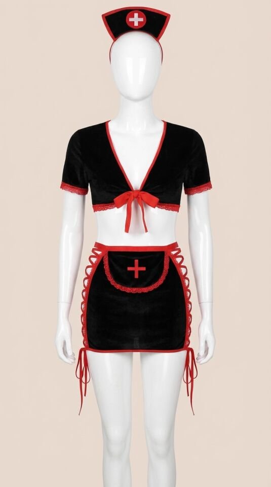 Siyah Kenarları İp Detaylı Fantezi Hemşire Kostüm