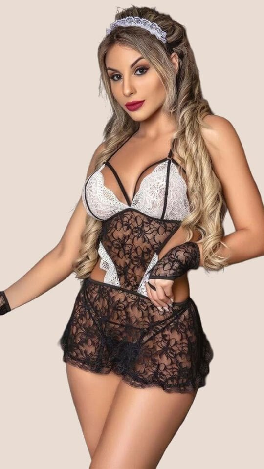 Arias Closet Siyah Dantelli Fantezi Hizmetçi Kostümü