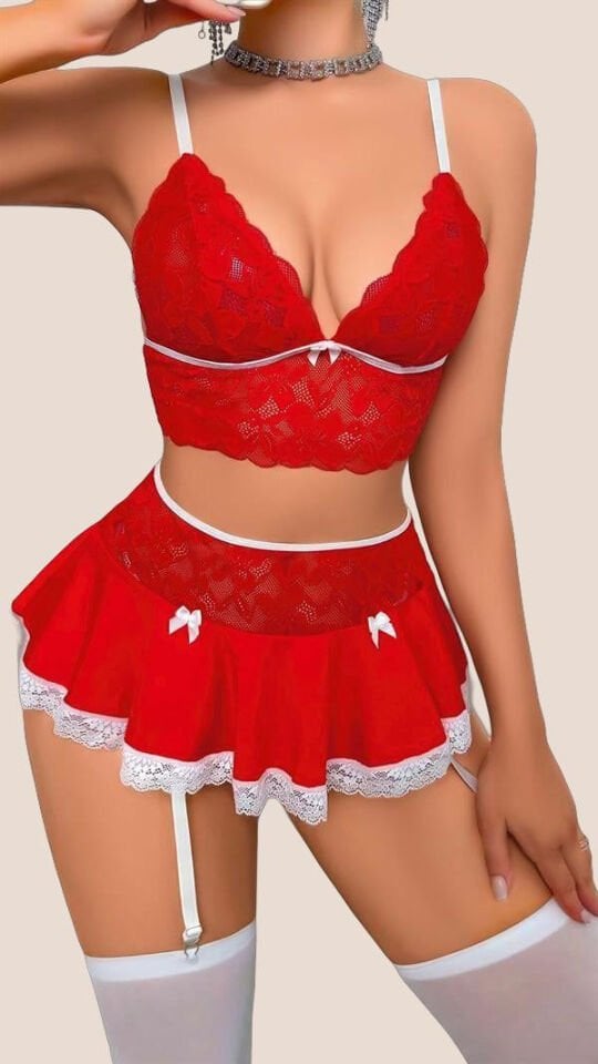 Arias Closet Kırmızı Dantel İşlemeli Büstiyerli Etekli Fantezi Kostüm