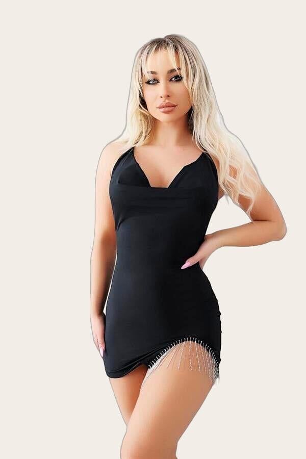 Arias Closet Bacak Kısmı Boncuk Detaylı Siyah Mini Fantezi Gecelik