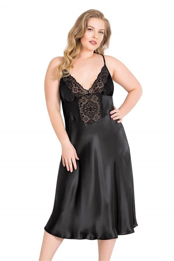 Arias Closet Büyük Beden Siyah Uzun Saten Gecelik