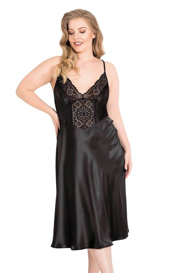 Arias Closet Büyük Beden Siyah Uzun Saten Gecelik