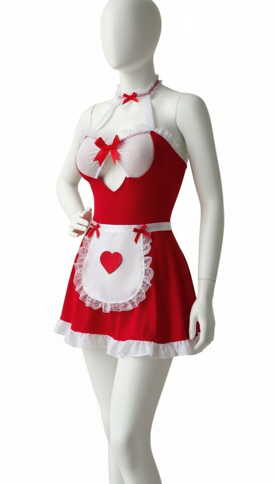 Arias Closet Kırmızı Beyaz Dantel İşlemeli Kalp Detaylı Fantezi Fransız Hizmetçi Kostümü
