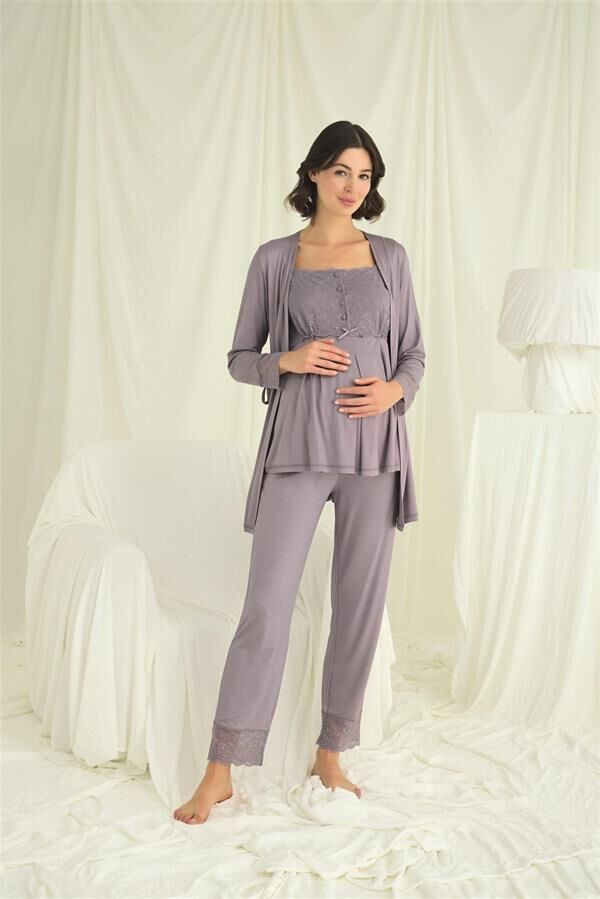 Arias Closet Dantelli Önü Düğmeli Hamile Lohusa 3'lü Pijama Takımı