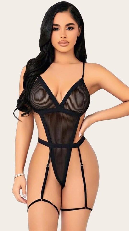 Arias Closet Siyah İp Detaylı Tül Fantezi Body