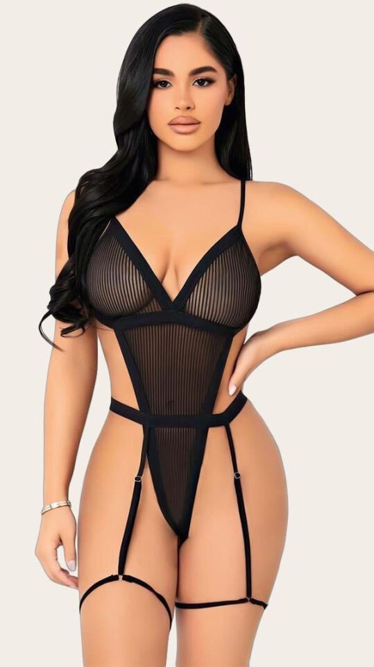 Arias Closet Siyah İp Detaylı Tül Fantezi Body