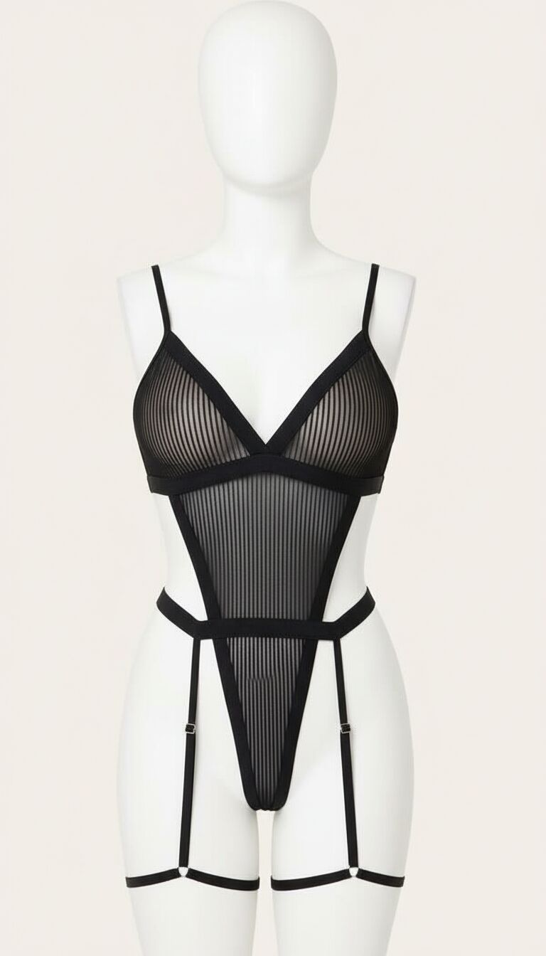 Arias Closet Siyah İp Detaylı Tül Fantezi Body