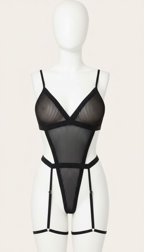 Arias Closet Siyah İp Detaylı Tül Fantezi Body