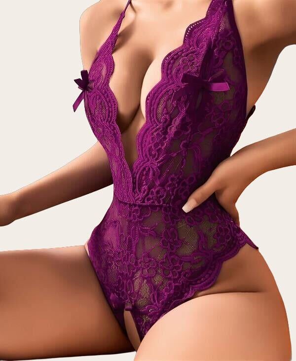 Arias Closet Mor Özel Bölgesi Açık Dantel İşlemeli Fantezi Body