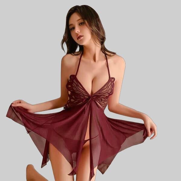 Bordo Kelebek İşlemeli Tül Fantezi Gecelik