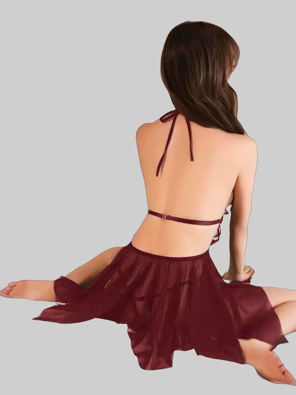 Bordo Kelebek İşlemeli Tül Fantezi Gecelik