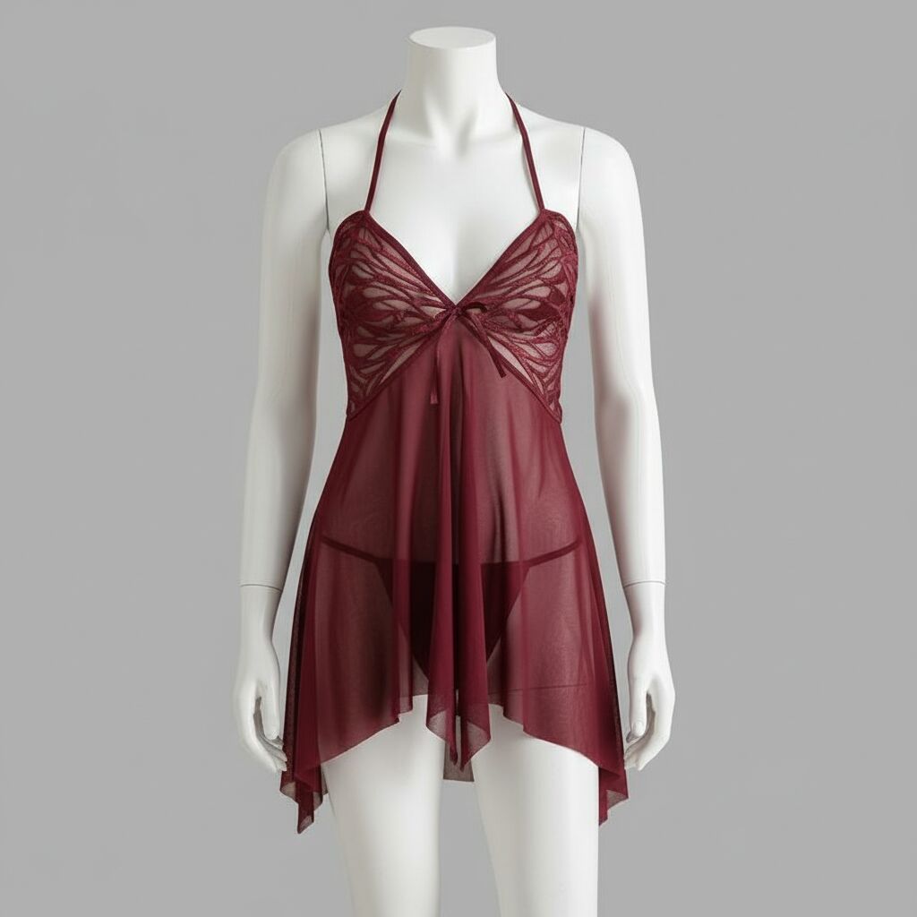 Bordo Kelebek İşlemeli Tül Fantezi Gecelik