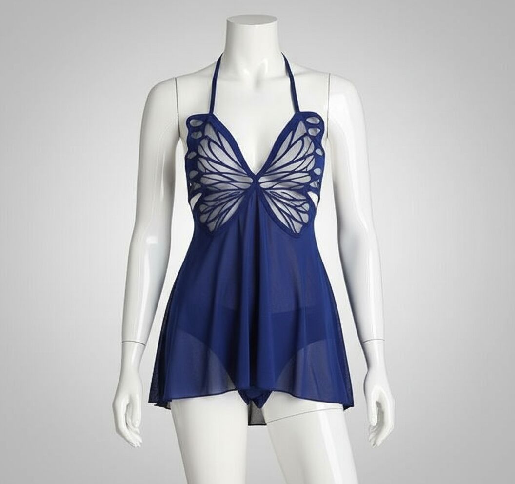 Mavi Kelebek İşlemeli Tül Fantezi Gecelik