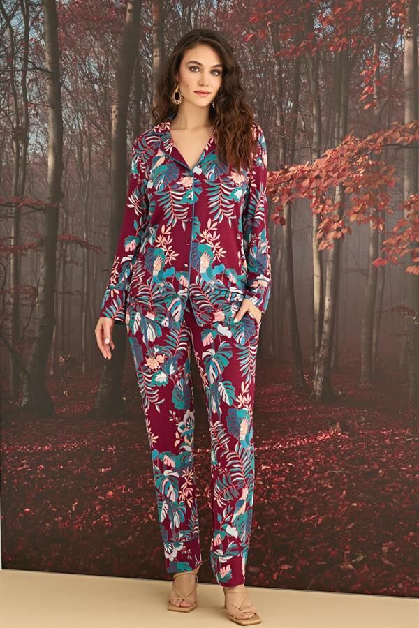 Arias Closet Çiçek ve Yaprak Desenli Önü Düğmeli Pijama Takımı