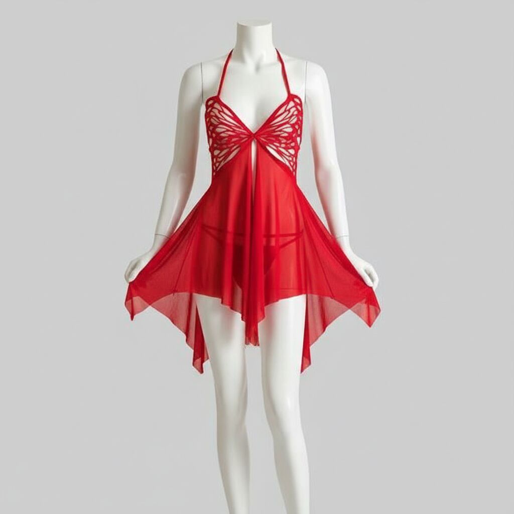 Kırmızı Kelebek İşlemeli Tül Fantezi Gecelik