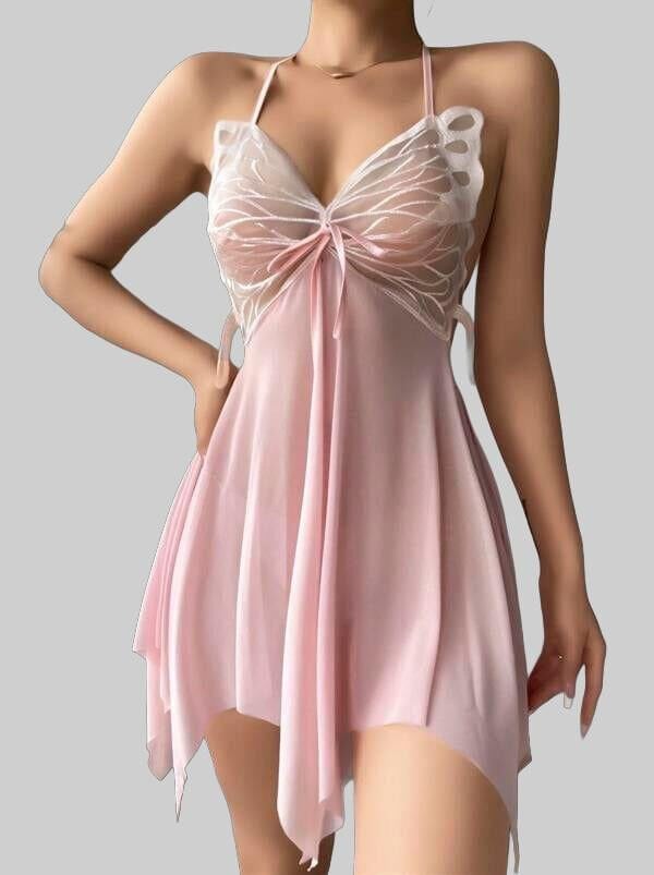 Pembe Kelebek İşlemeli Tül Fantezi Gecelik