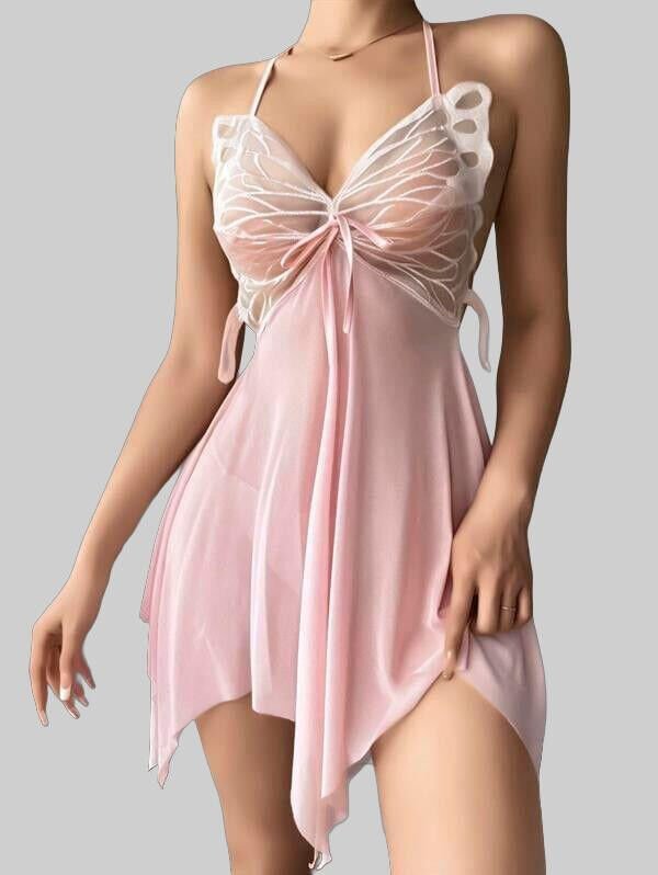 Pembe Kelebek İşlemeli Tül Fantezi Gecelik