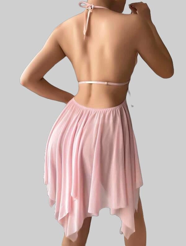 Pembe Kelebek İşlemeli Tül Fantezi Gecelik