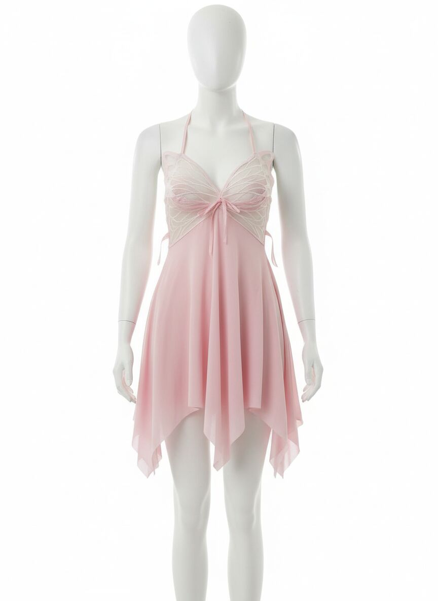 Pembe Kelebek İşlemeli Tül Fantezi Gecelik