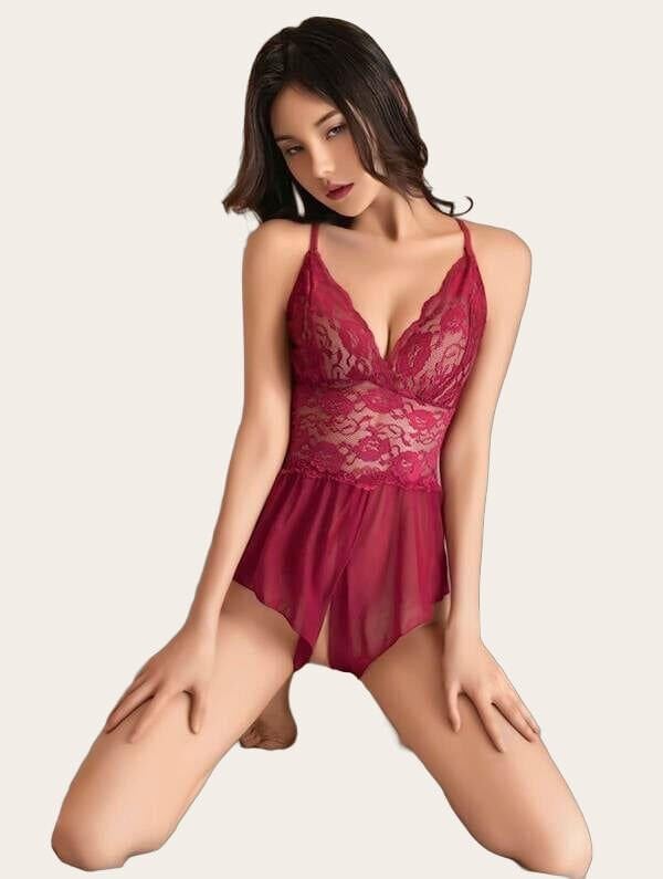 Arias Closet Bordo Özel Bölgesi Açık Dantel İşlemeli Fantezi Body