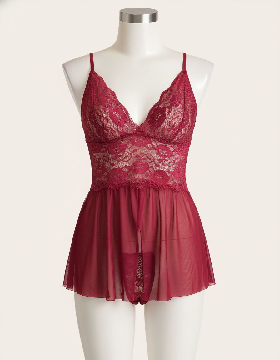 Bordo Özel Bölgesi Açık Dantel İşlemeli Fantezi Body