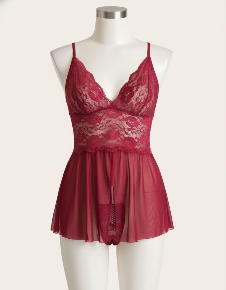 Arias Closet Bordo Özel Bölgesi Açık Dantel İşlemeli Fantezi Body