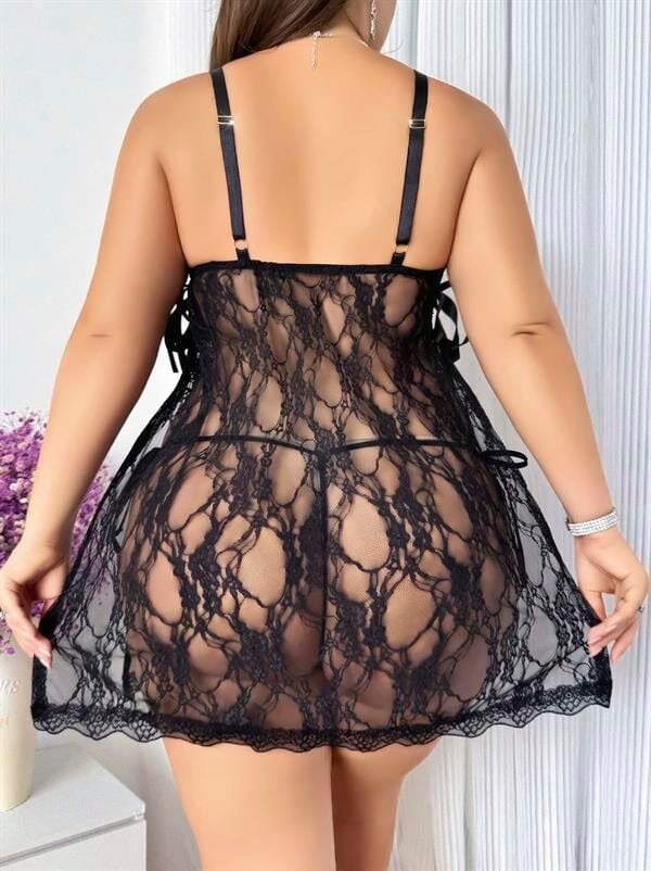 Arias Closet Büyük Beden Siyah Dantel İşlemeli Fantezi Tül Gecelik