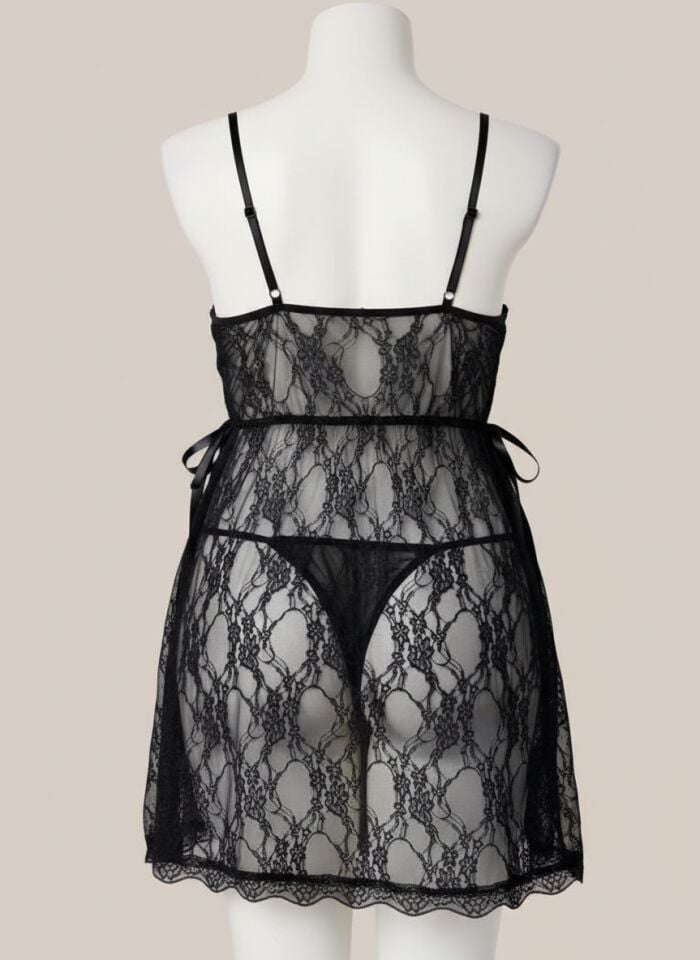 Arias Closet Büyük Beden Siyah Dantel İşlemeli Fantezi Tül Gecelik