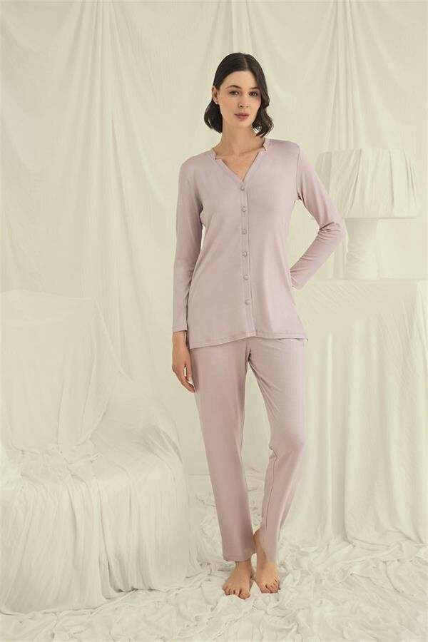 Arias Closet Uzun Kollu Boydan Düğmeli V Yaka Pijama Takımı