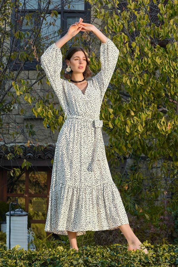Arias Closet %100 Viskon Puantiye Desenli Kuşaklı Elbise