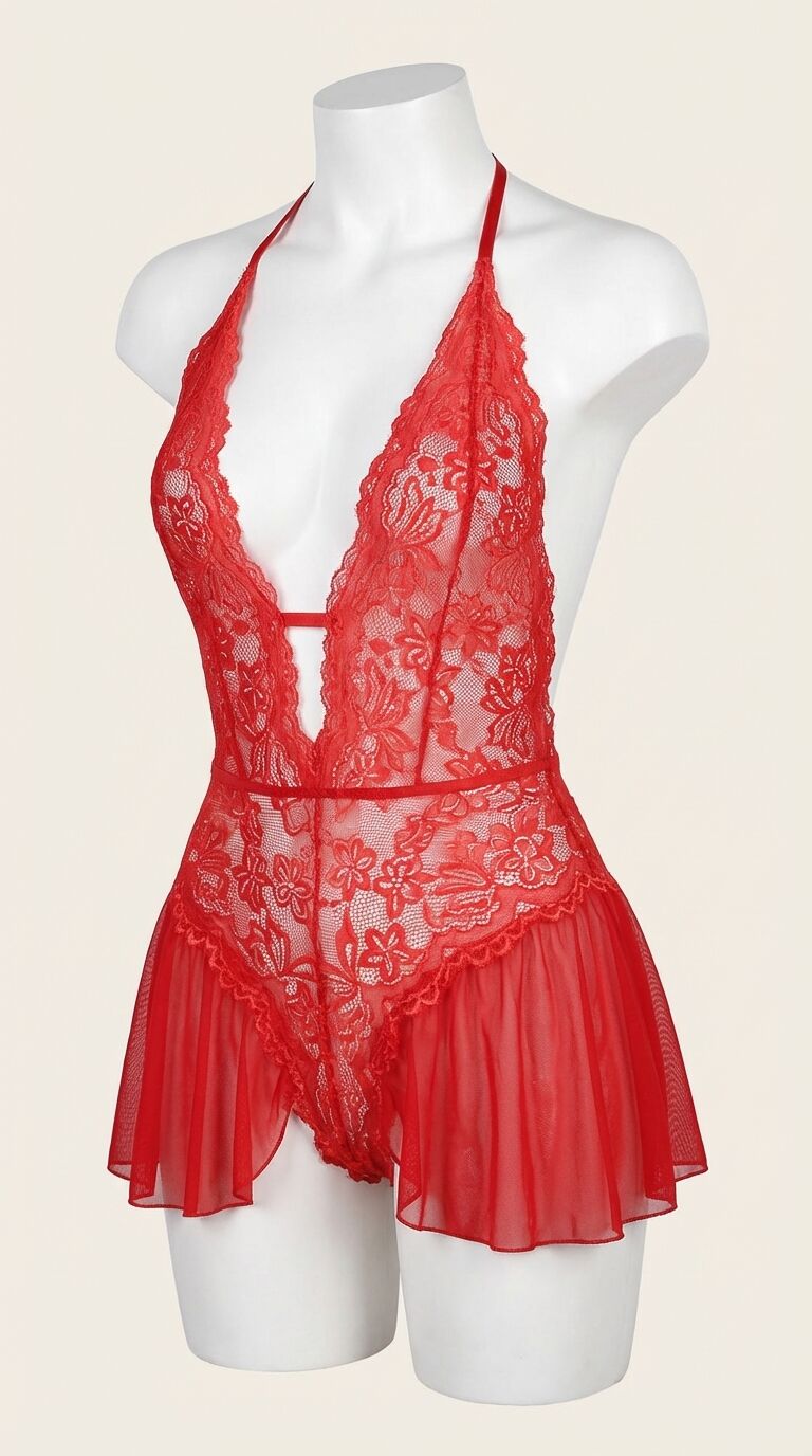 Kırmızı Dantel İşlemeli Fantezi Body
