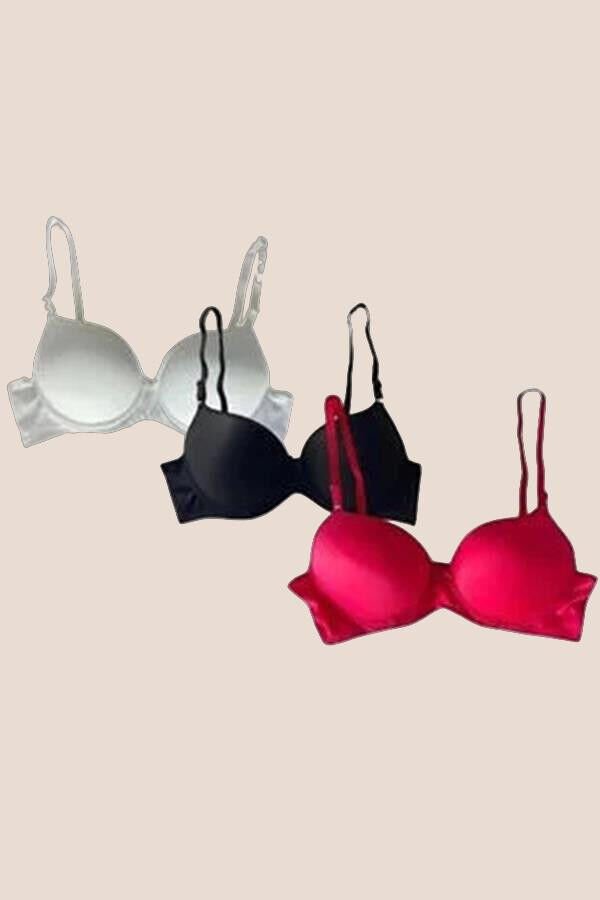 Beyaz-Siyah-Kırmızı 3'lü Mikro Kumaş Push Up Dolgulu Balenli Günlük Destekli Sütyen