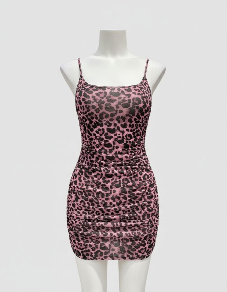 Arias Closet Pembe Leopar Desenli Büzgülü Fantezi Elbise