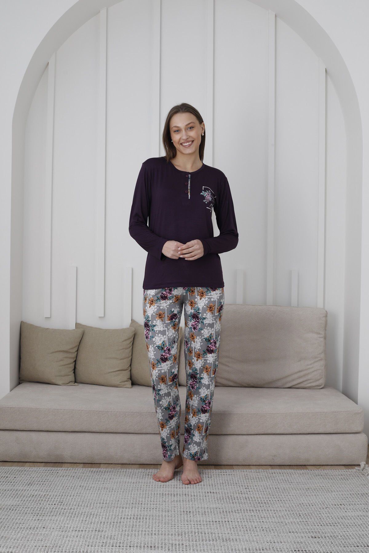 Kapitex 59108 Bambu Ring Viskon Bayan Uzun Kol Pijama Takım 4'lü