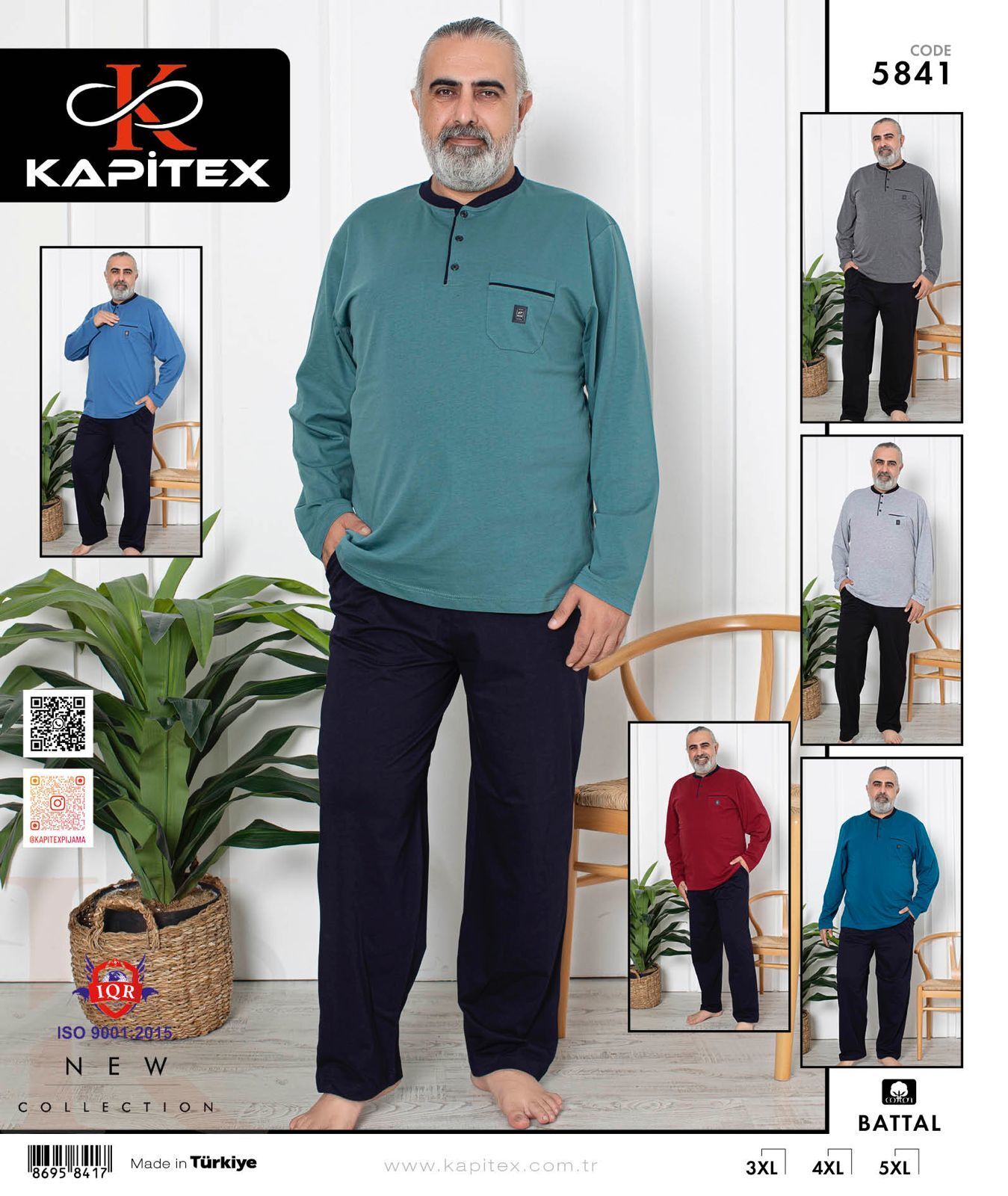 Kapitex 5841 Battal Erkek Uzun Kol Pijama Takım 3'lü