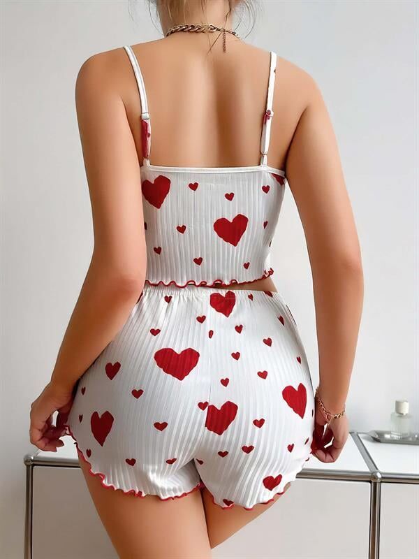 Arias Closet Pamuklu Beyaz Üstüne Kırmızı Kalp Desenli Askılı Şortlu Pijama Takımı