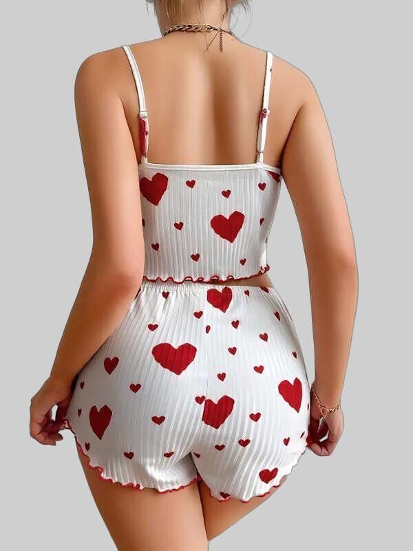 Arias Closet Pamuklu Beyaz Üstüne Kırmızı Kalp Desenli Askılı Şortlu Pijama Takımı