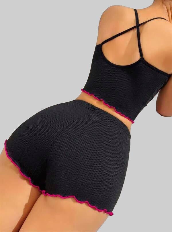 Arias Closet Pamuklu Siyah Üstüne Pembe Kurdelalı Fitilli Askılı Şortlu Pijama Takımı