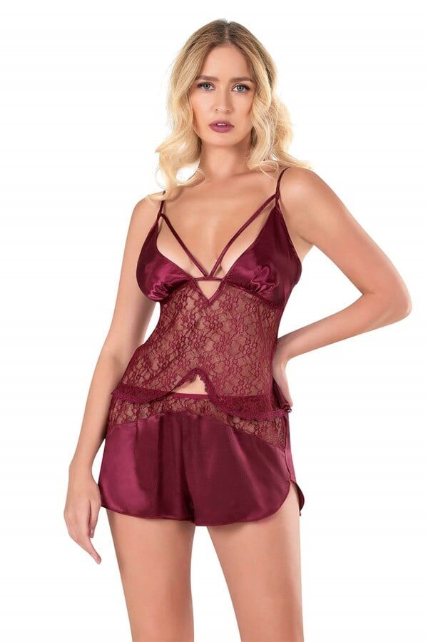 Arias Closet Bordo Saten Babydoll Şort Takımı
