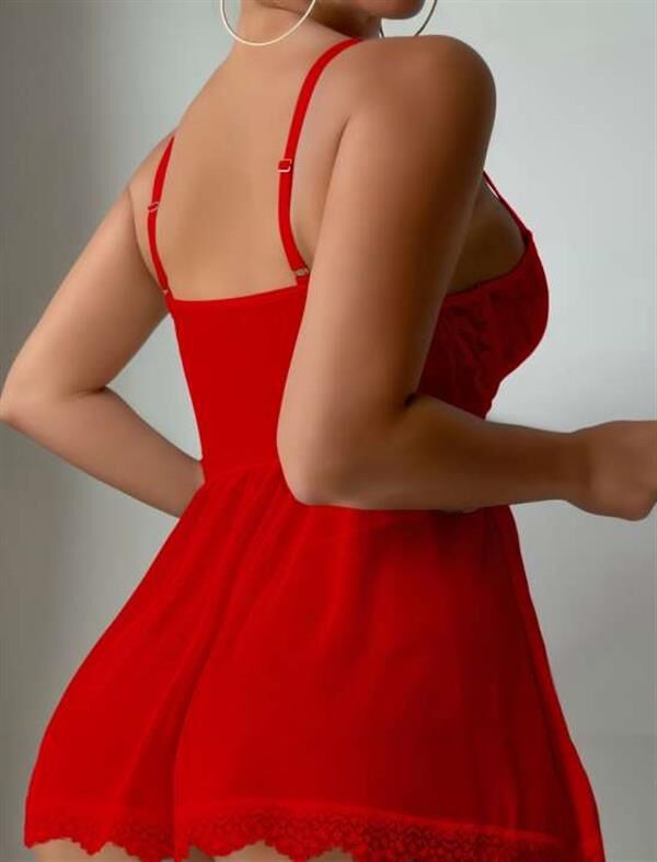 Arias Closet Özel Tasarım Kırmızı Dantel İşlemeli Tül Fantezi Gecelik