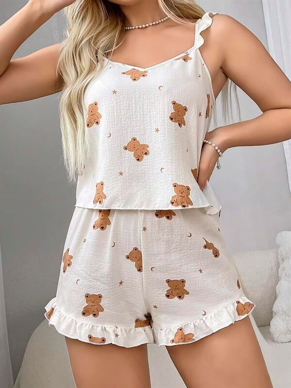 Arias Closet Pamuklu Ayıcık Desen Fırfırlı Askılı Şortlu Pijama Takımı