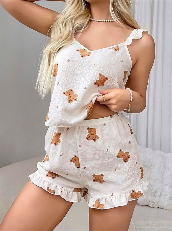 Arias Closet Pamuklu Ayıcık Desen Fırfırlı Askılı Şortlu Pijama Takımı