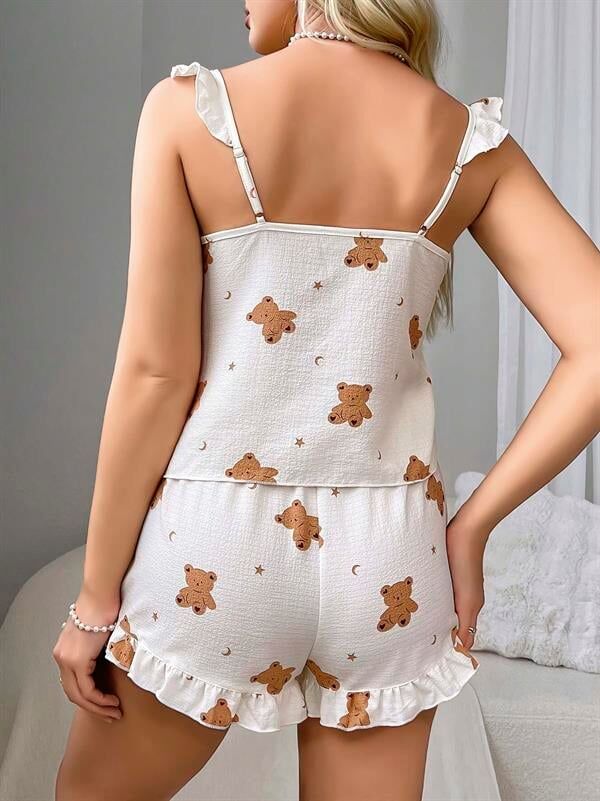 Arias Closet Pamuklu Ayıcık Desen Fırfırlı Askılı Şortlu Pijama Takımı